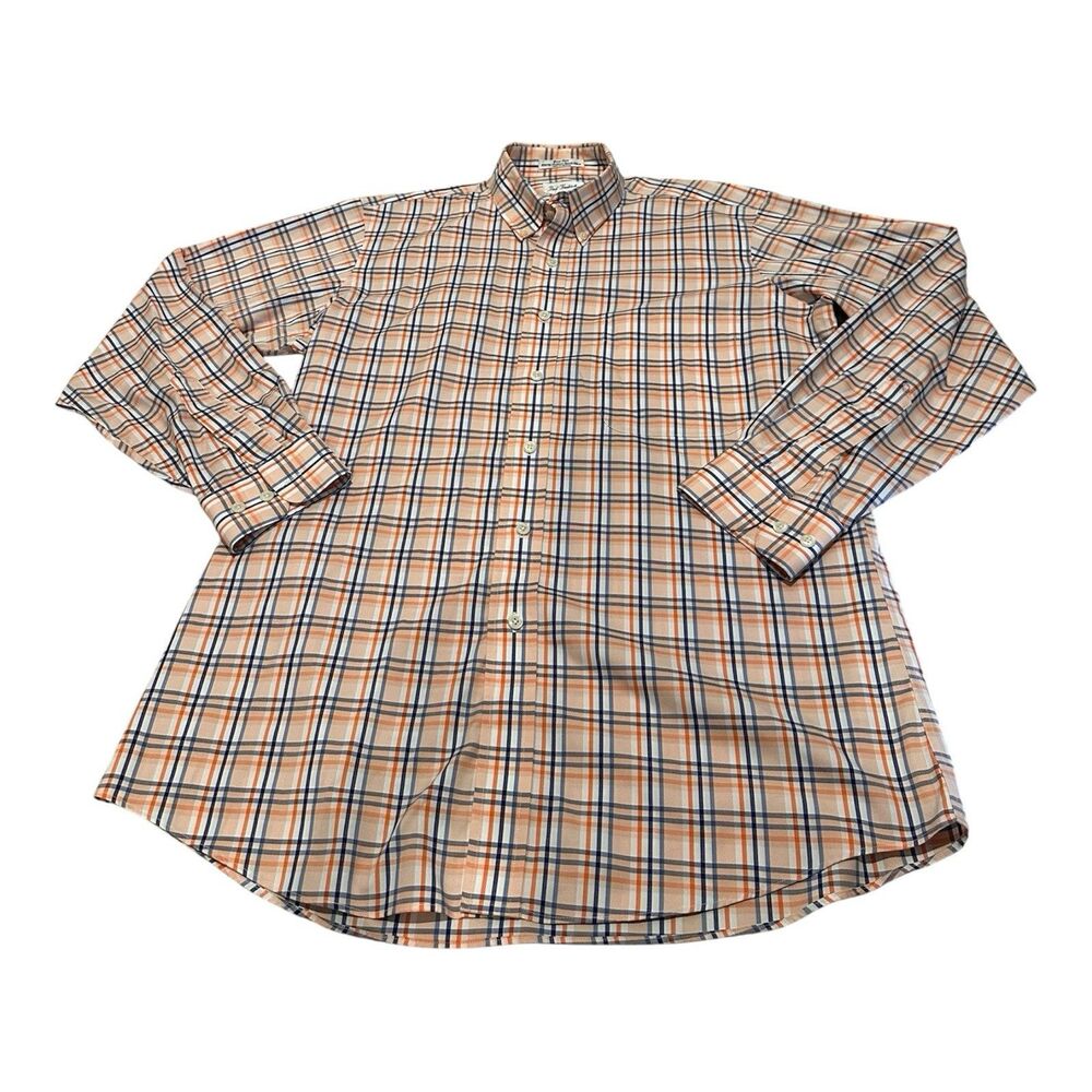 Paul Fredrick Peach Blue Plaid Check Button Down Sport Shirt Men's Size Medium